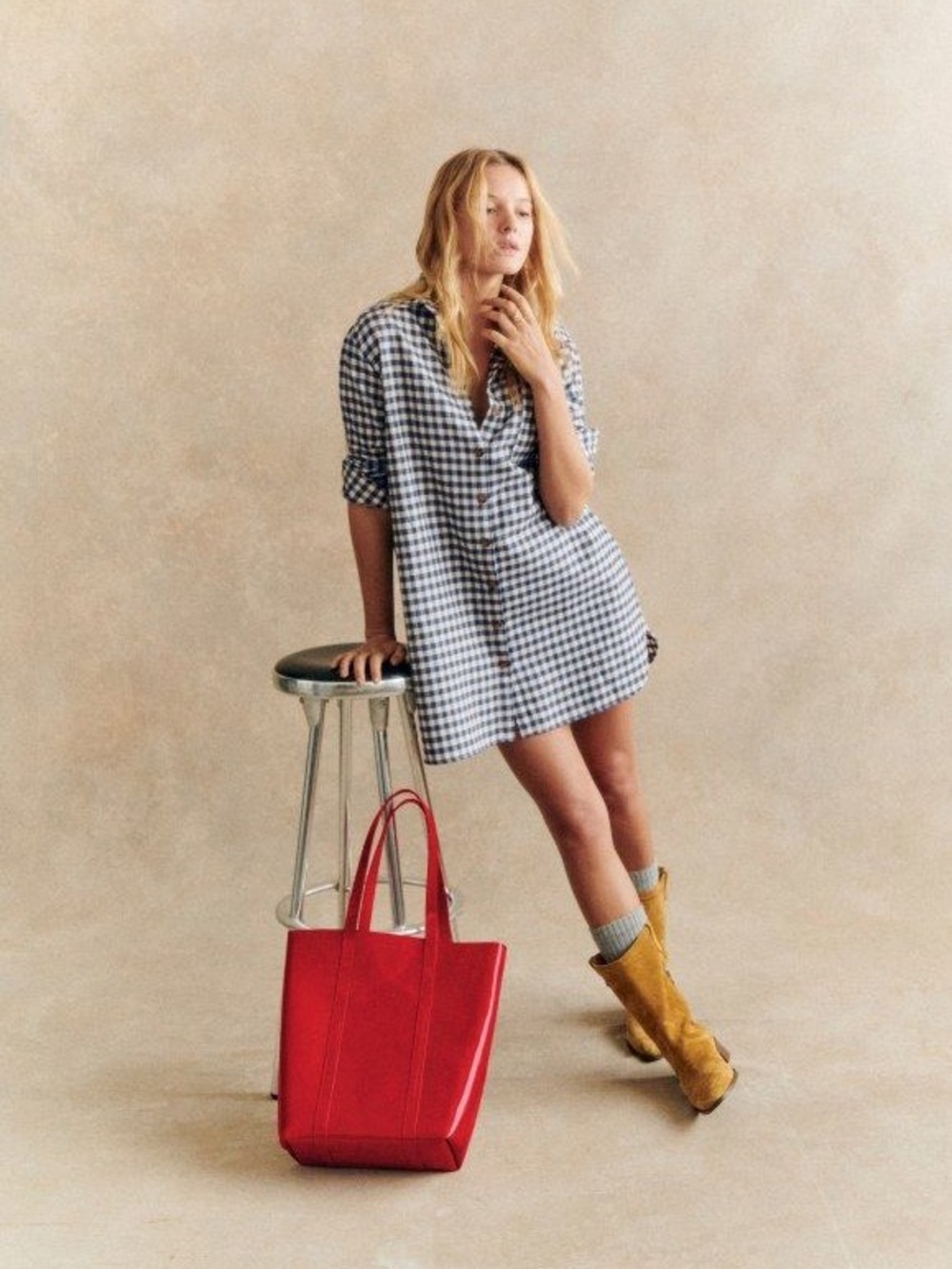 Sézane Sadie Dress in Ecru Blue Check FR 40 / US 8